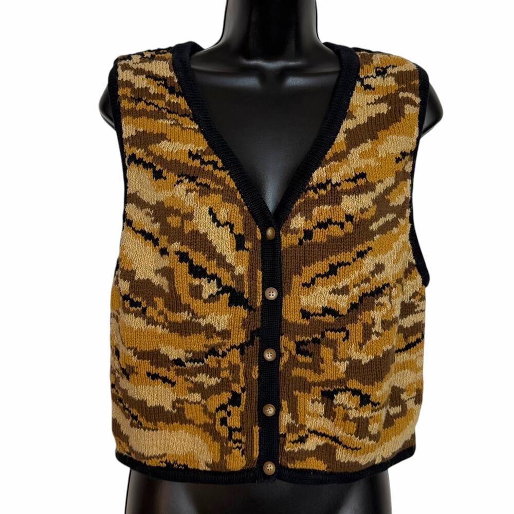 Vtg 90s Lizwear Knit Cotton Sweater Vest Animal Print Cottagecore Whimsigoth M